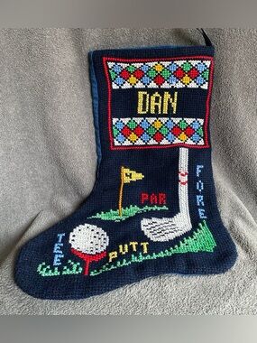 Vtg Needlepoint Christmas Stocking Golf Themed “DAN”